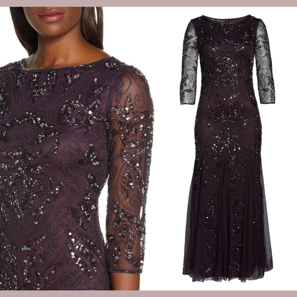 NEW Pisarro Nights Embellished Mesh Gown Eggplant‎ - Picture 4 of 12